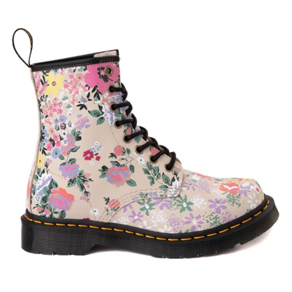 Dr. Martens Cream and Black Combat Boots with Floral Design
